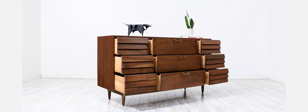 Merton L. Gershun Walnut Dresser with Brass Accents for American of Martinsville
