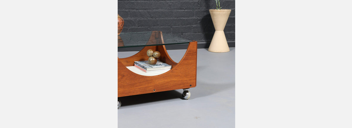 H.W. Klein Rolling Teak Coffee Table w/ Floating Glass Top for Bramin