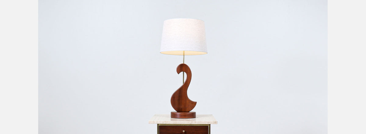Mid-Century Modern Sculpted Walnut Swan Style Table Lamp