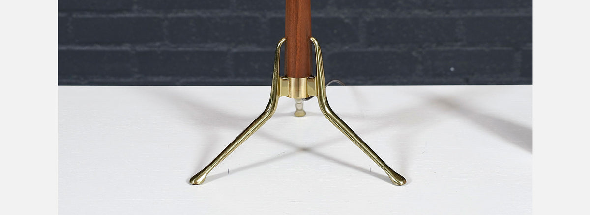 Gerald Thurston Sculpted Tripod Brass & Walnut Table Lamp for Lightolier 