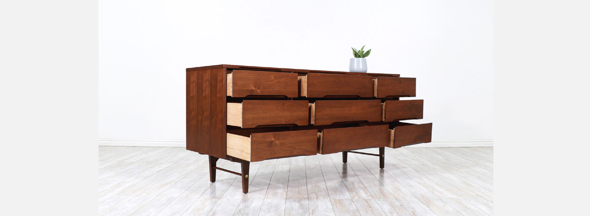Mid-Century Modern Walnut 9-Drawer Dresser by Stanley Furniture