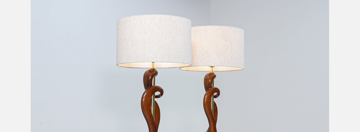 Mid-Century Modern Sculpted Wood & Brass Table Lamps by Light House Co.