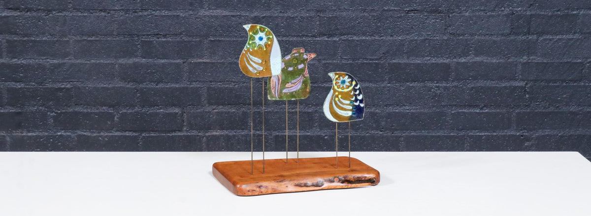 California Modern Enameled Bird Family Sculpture by Curtis Jere