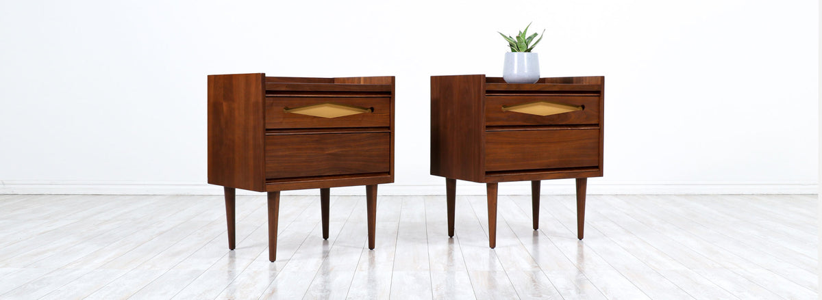 Mid-Century Modern Walnut Night Stands with Lacquered Accent Drawers