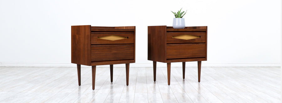 Mid-Century Modern Walnut Night Stands with Lacquered Accent Drawers