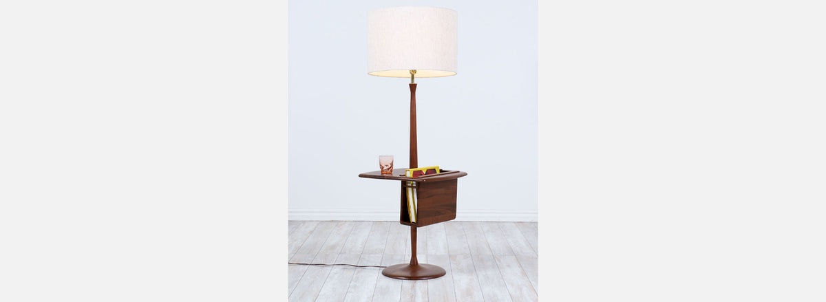 Mid-Century Sculpted Walnut Floor Lamp with Magazine Tray by Laurel 