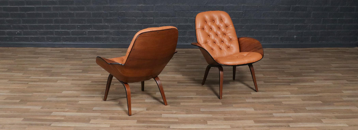George Mulhauser Tufted Leather & Walnut Lounge Chairs for Plycraft