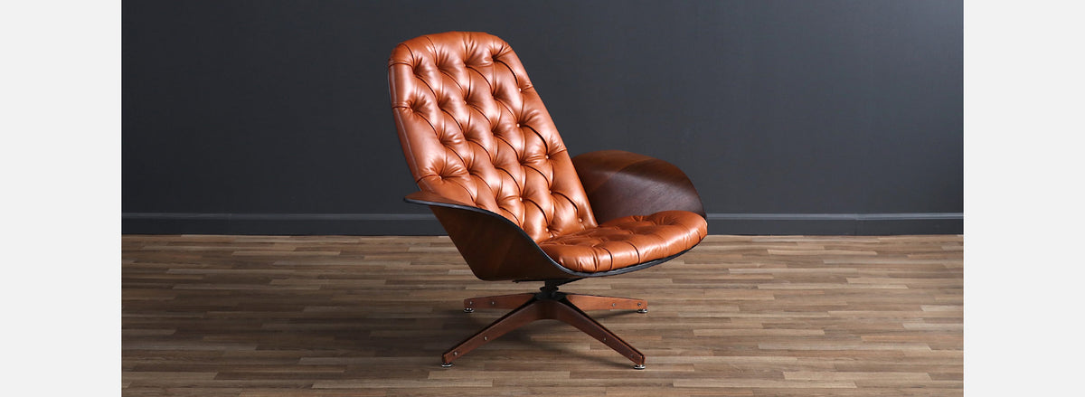 George Mulhauser "Mr. Chair" Cognac Leather Swivel Chair for Plycraft