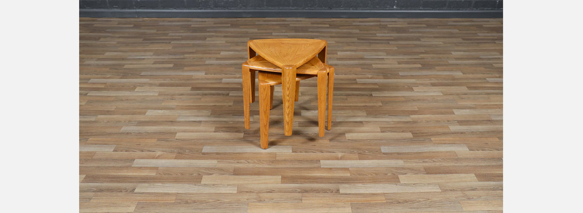 Mid-Century Modern Triangular Oak Tri-Leg Side Tables