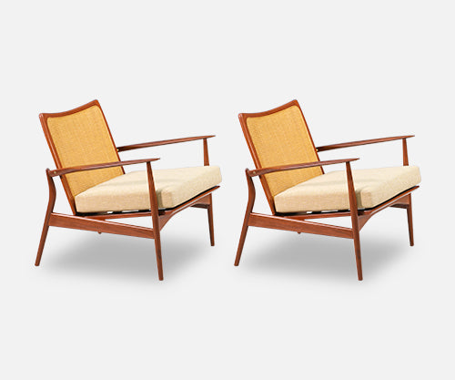 Ib Kofod Larsen “Spear” Teak Lounge Chairs with Cane Backrest