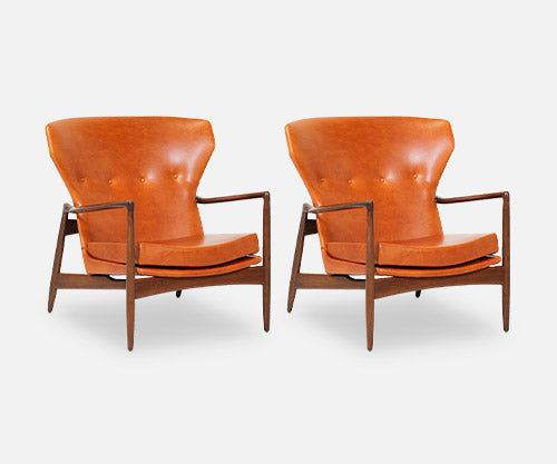 Ib Kofod-Larsen Leather Wing Back Lounge Chairs Chairs for Selig