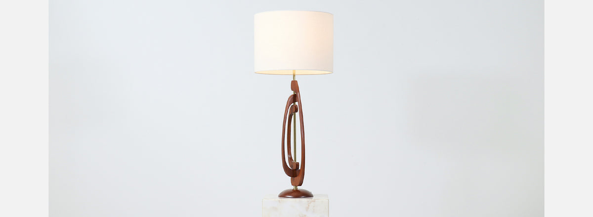 Mid-Century Sculpted Walnut Table Lamp with Brass Accent