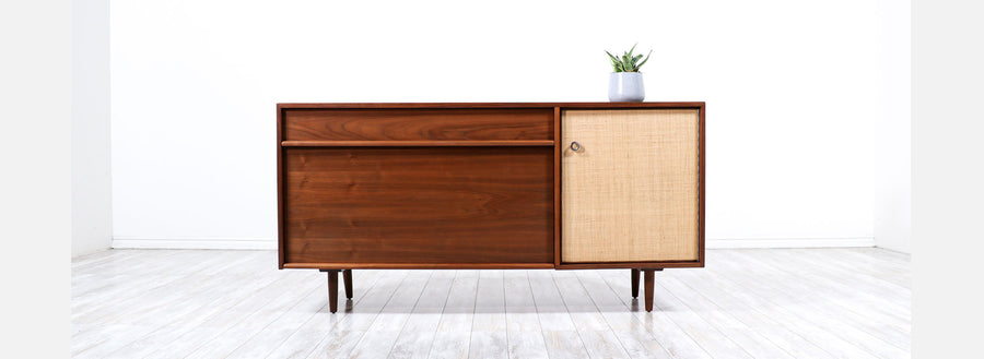 Milo Baughman Walnut Credenza with Cane Door