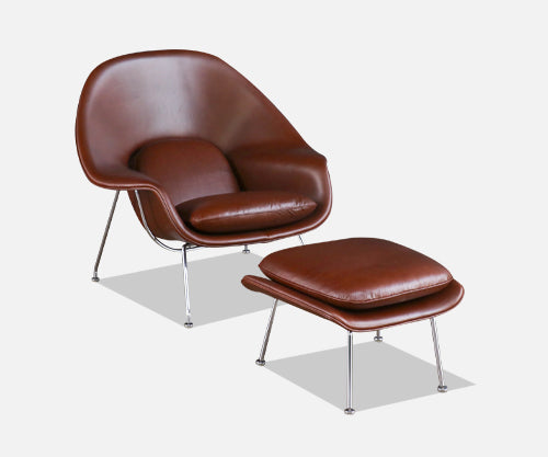 Vintage Eero Saarinen "Womb" Cognac Leather Chair w/ Ottoman for Knoll