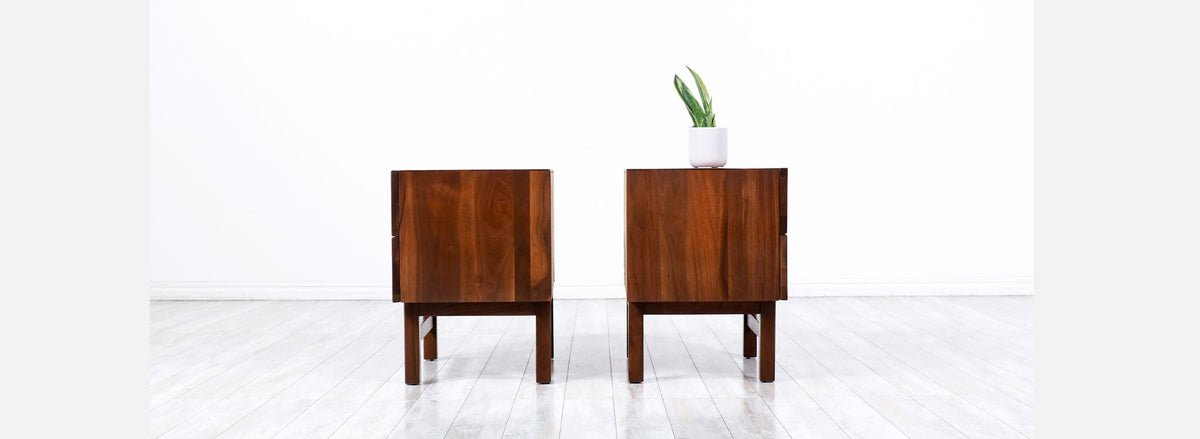 Mid-Century Modern Sculpted Walnut Night Stands with Brass Accent 