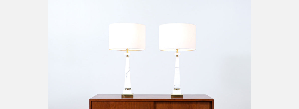 Mid-Century Italian Marble & Brass Pyramid Style Table Lamps
