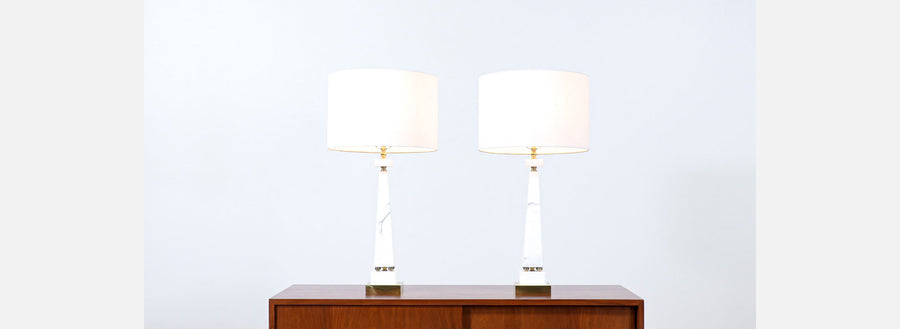 Mid-Century Italian Marble & Brass Pyramid Style Table Lamps