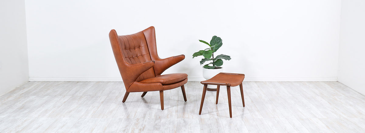 Hans J. Wegner Cognac Leather “Papa Bear” Chair with Ottoman for A.P. Stolen