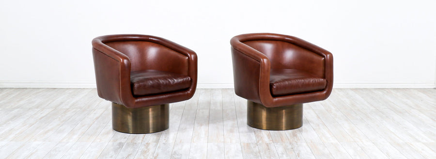 Leon Rosen Cognac Leather Swivel Chairs with Bronze Bases for Pace