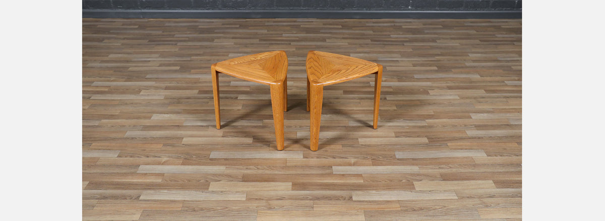 Mid-Century Modern Triangular Oak Tri-Leg Side Tables
