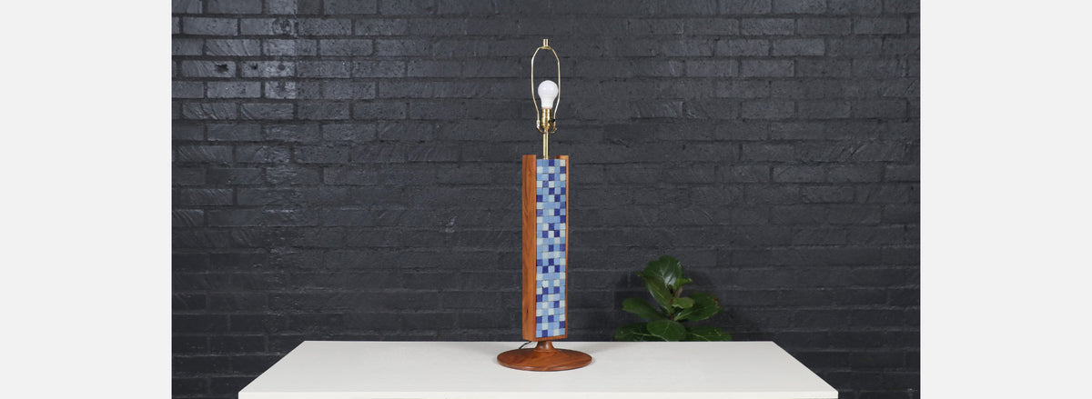 Mid-Century Modern Sculpted Walnut Table Lamp w/ Blue Mosaic Tiles