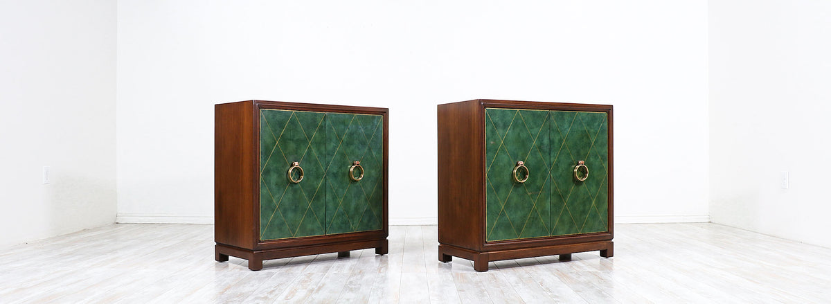 Tommi Parzinger Green Leather Front Cabinets With Brass Pulls for Charak Modern