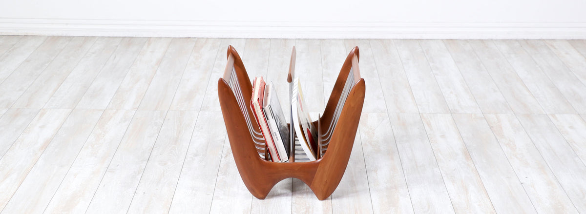 Mid-Century Modern Sculpted Walnut Magazine Holder