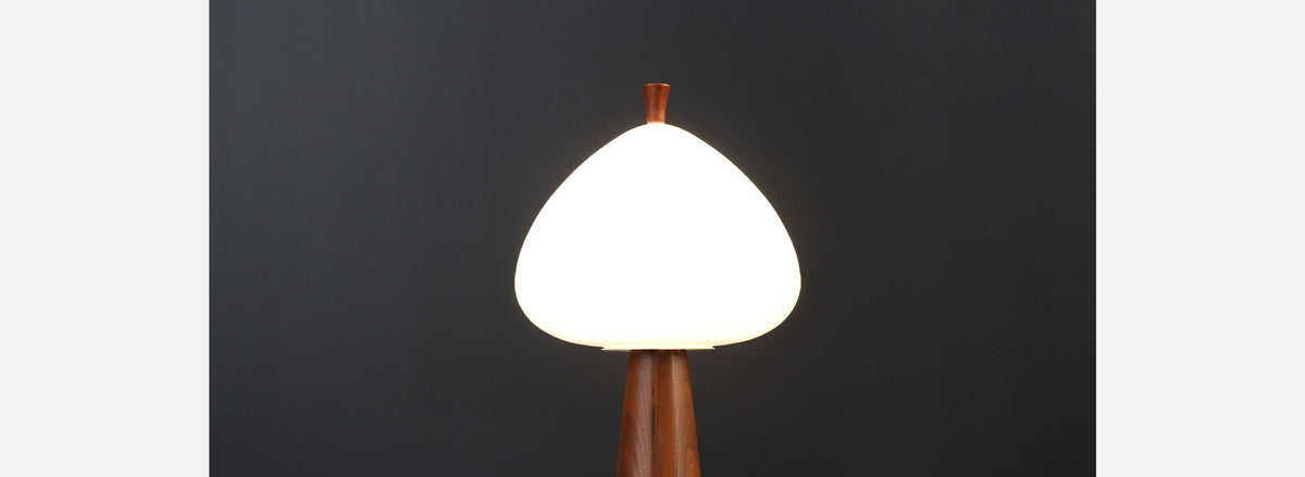 Mid-Century Modern Mushroom Glass & Walnut Lamp by Laurel