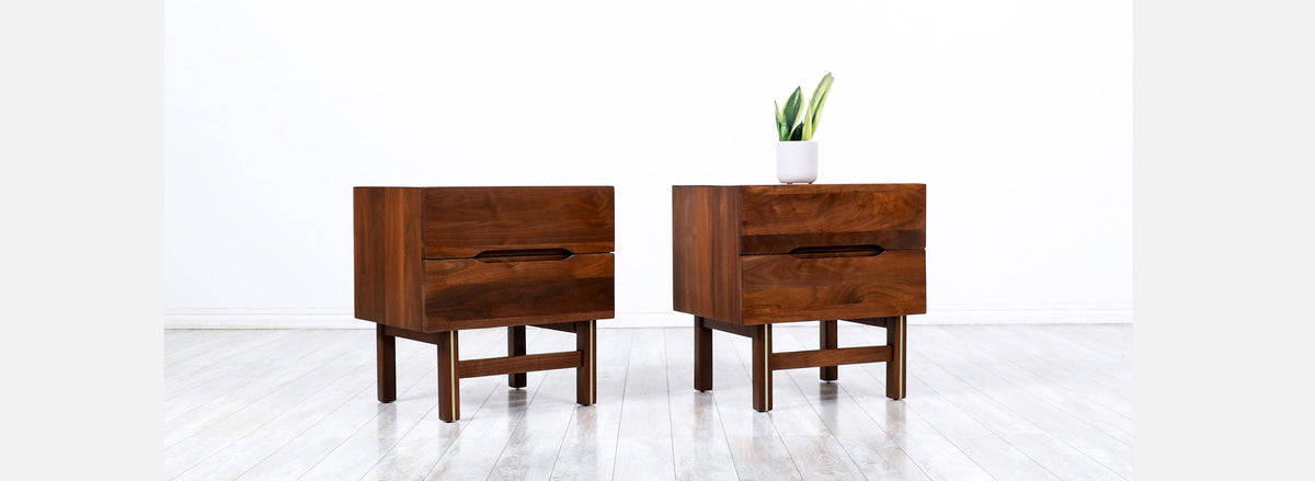 Mid-Century Modern Sculpted Walnut Night Stands with Brass Accent 