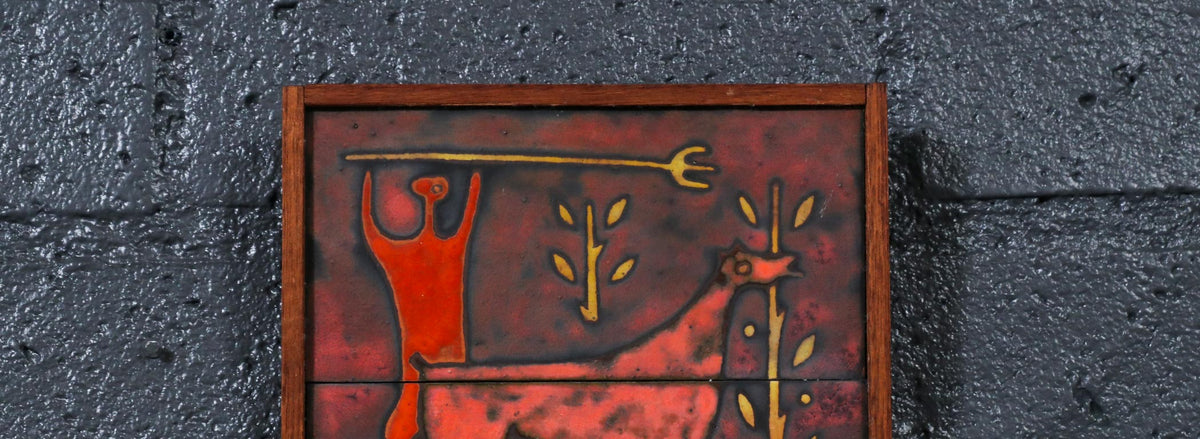 Mid-Century Studio Ceramic Plaque w/ Primitivist Animal & Hunting Motifs