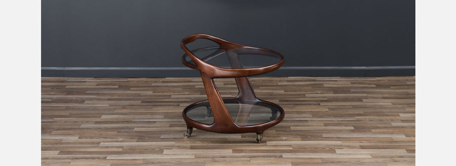 Italian Sculpted Mahogany & Glass Bar Cart by Cesare Lacca 