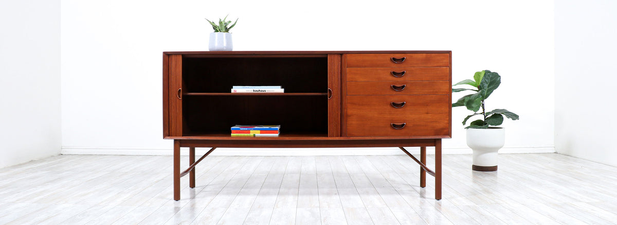 Peter Hvidt & Orla Mølgaard-Nielsen Teak Tambour-Door Credenza for Søborg Møbelfabrik