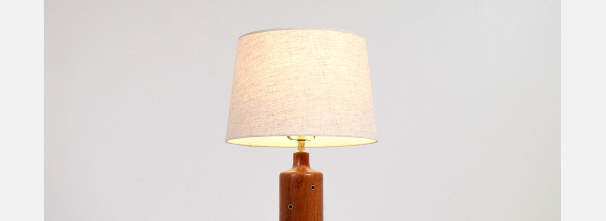 Danish Modern Teak & Leather Table Lamp with Brass Inlaid by H. Paaske
