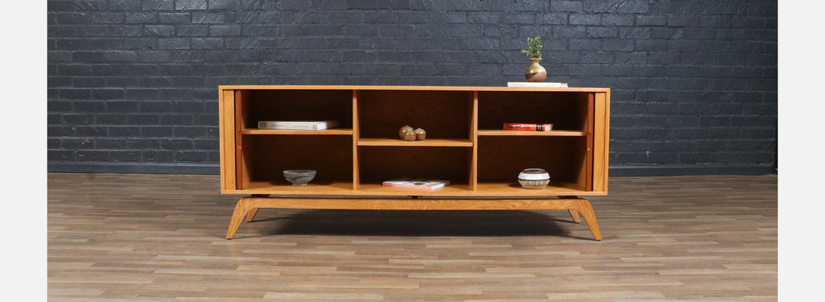 Custom Made Teak & Oak Tambour-Door Credenza by Danish Modern LA
