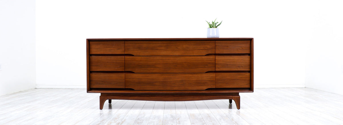 Mid-Century Modern 9-Drawer Sculpted Walnut Dresser 
