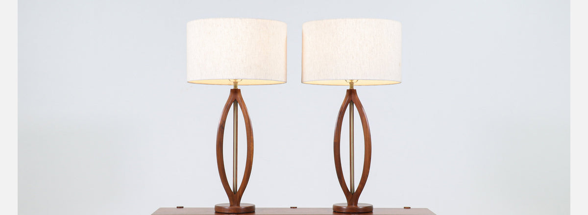 Mid-Century Modern Sculpted Walnut with Brass Accent Table Lamps