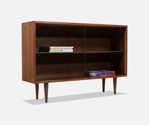Vintage Mid-Century Modern Walnut Bookcase with Glass Sliding Doors