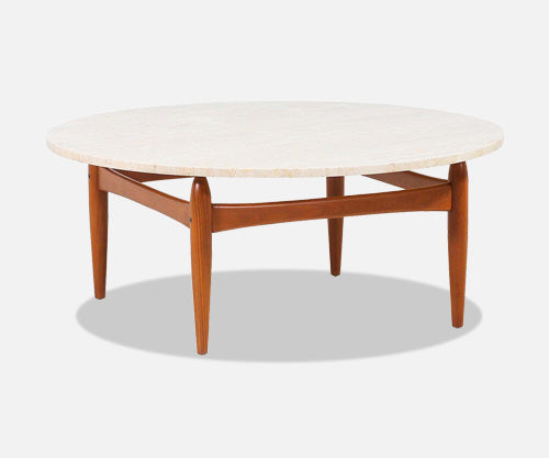 Ejvind A. Johansson Travertine & Teak Round Coffee Table
