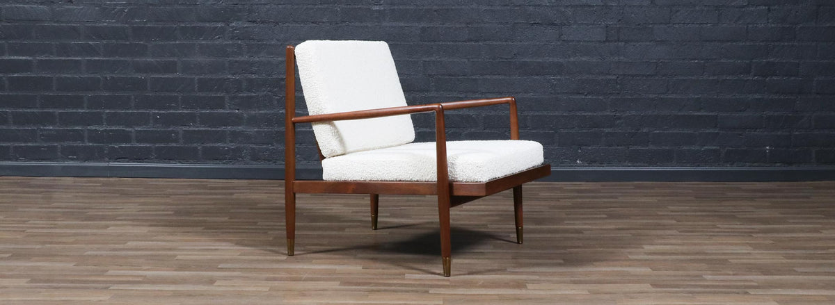 Mid-Century Modern Sculpted Walnut Lounge Chair w/ Brass Sabots