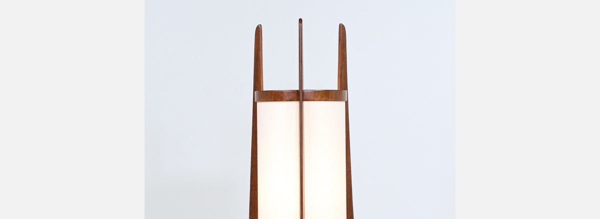 California Modern Sculpted Walnut Floor Lamp with New Linen Shade by Modeline