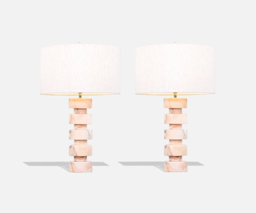 Mid-Century Modern Stacked Pink Carrara Marble Disc Table Lamps