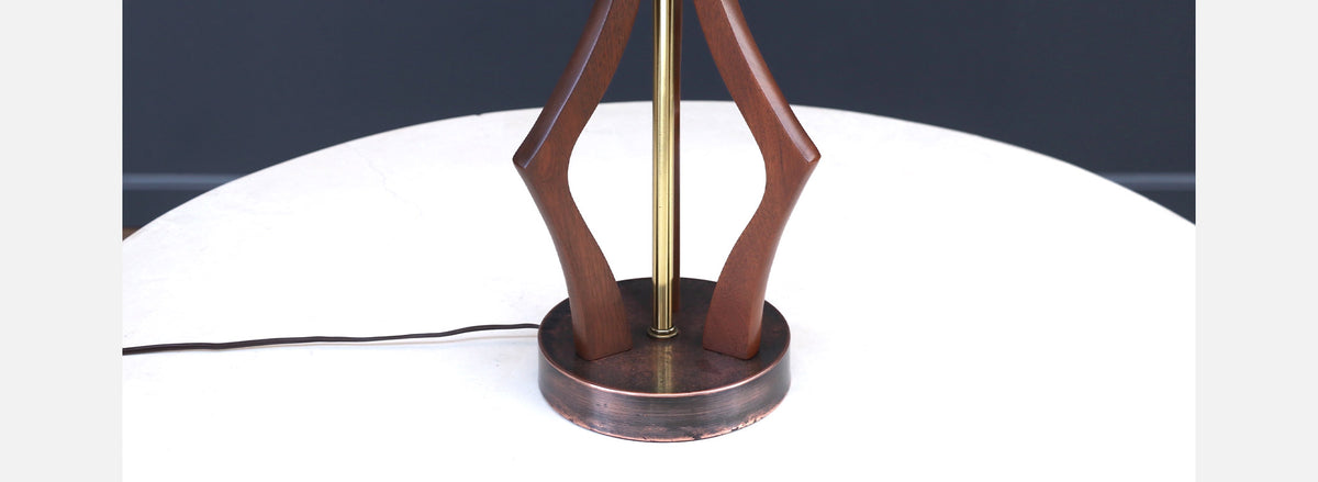 Mid-Century Sculpted Walnut with Brass Accent Table Lamp