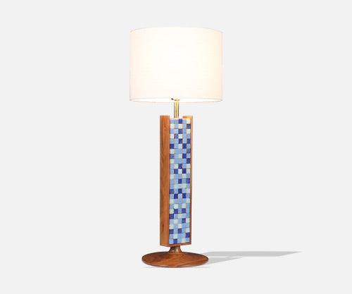Mid-Century Modern Sculpted Walnut Table Lamp w/ Blue Mosaic Tiles