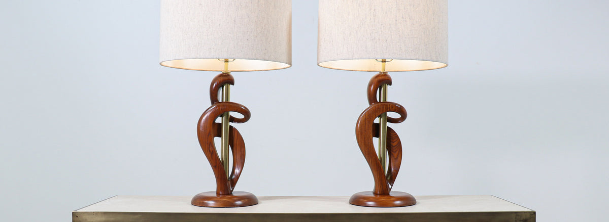 Mid-Century Modern Sculpted Wood & Brass Table Lamps by Light House Co.
