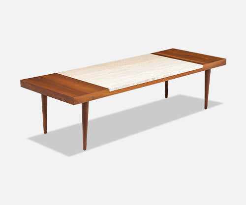 Mid-Century Modern Minimalist Walnut & Italian Travertine Coffee Table