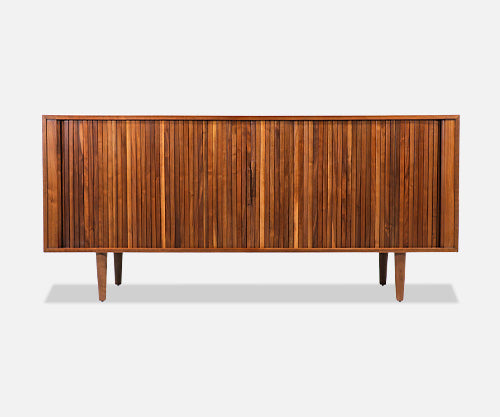 Mid-Century Modern Tambour-Door Walnut Wood Credenza