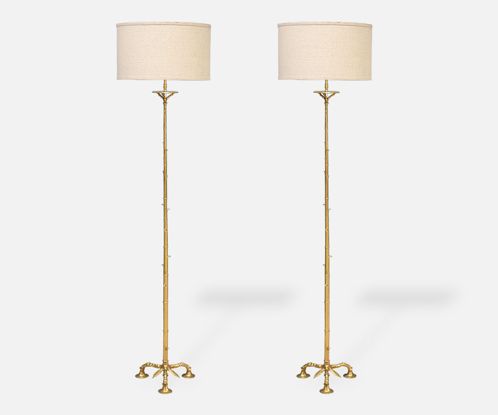 Pair of Mid-Century Faux Bamboo Brass Floor Lamps