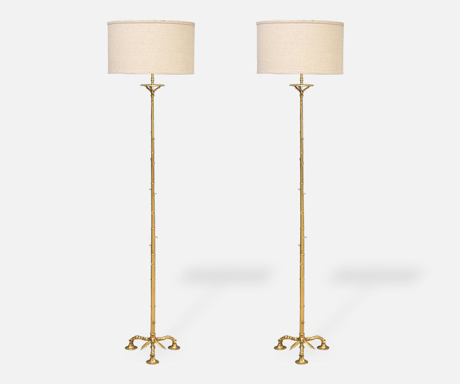 Pair of Mid-Century Faux Bamboo Brass Floor Lamps