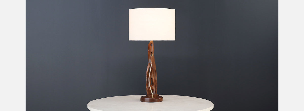Mid-Century Modern Sculpted Wood & Brass Table Lamp by Lighthouse Co.