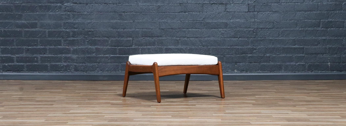 Mid-Century Modern Sculpted Walnut & Tweed Stool
